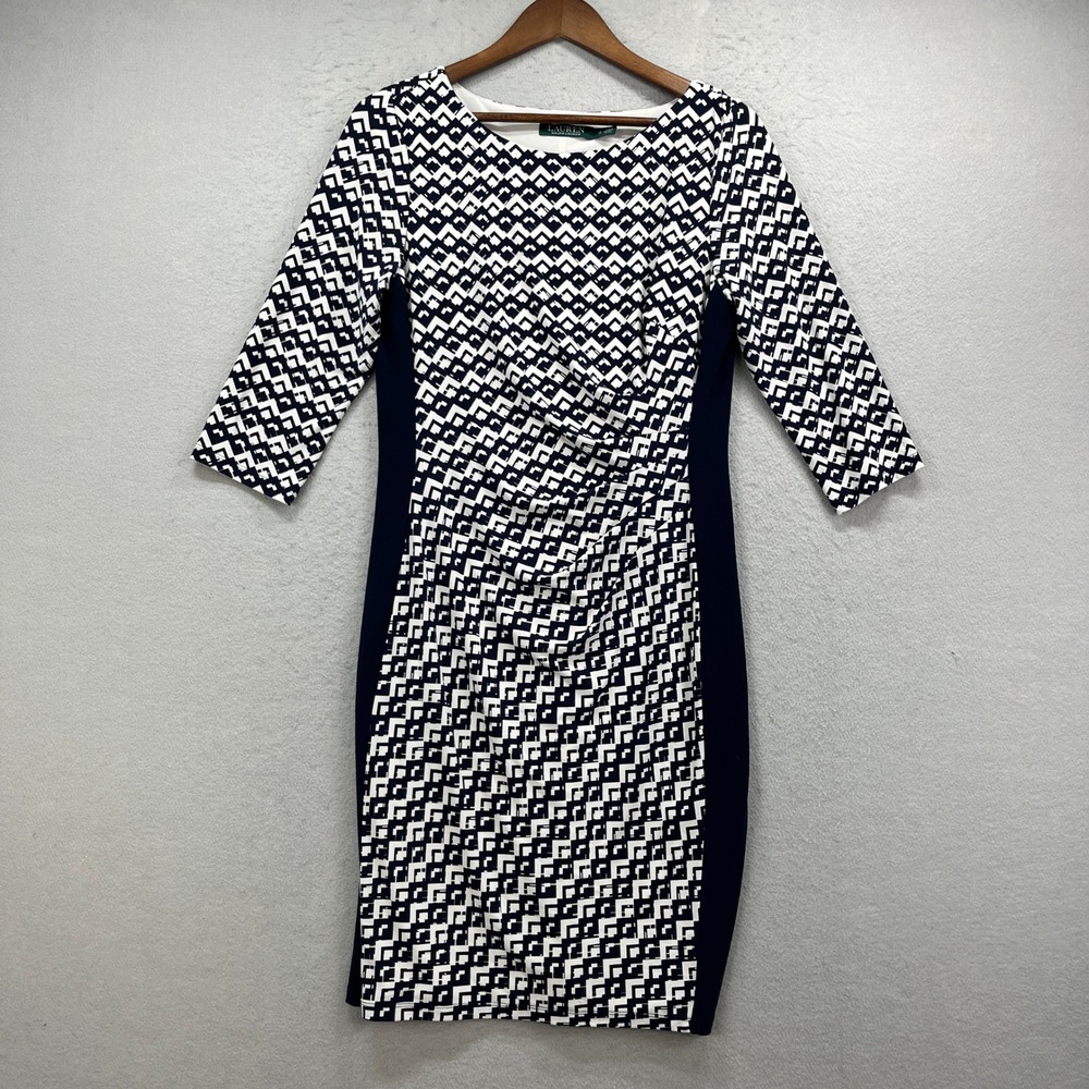 Lauren Ralph Lauren Sheath Dress Womens 12 Navy Blue White Geometric Career